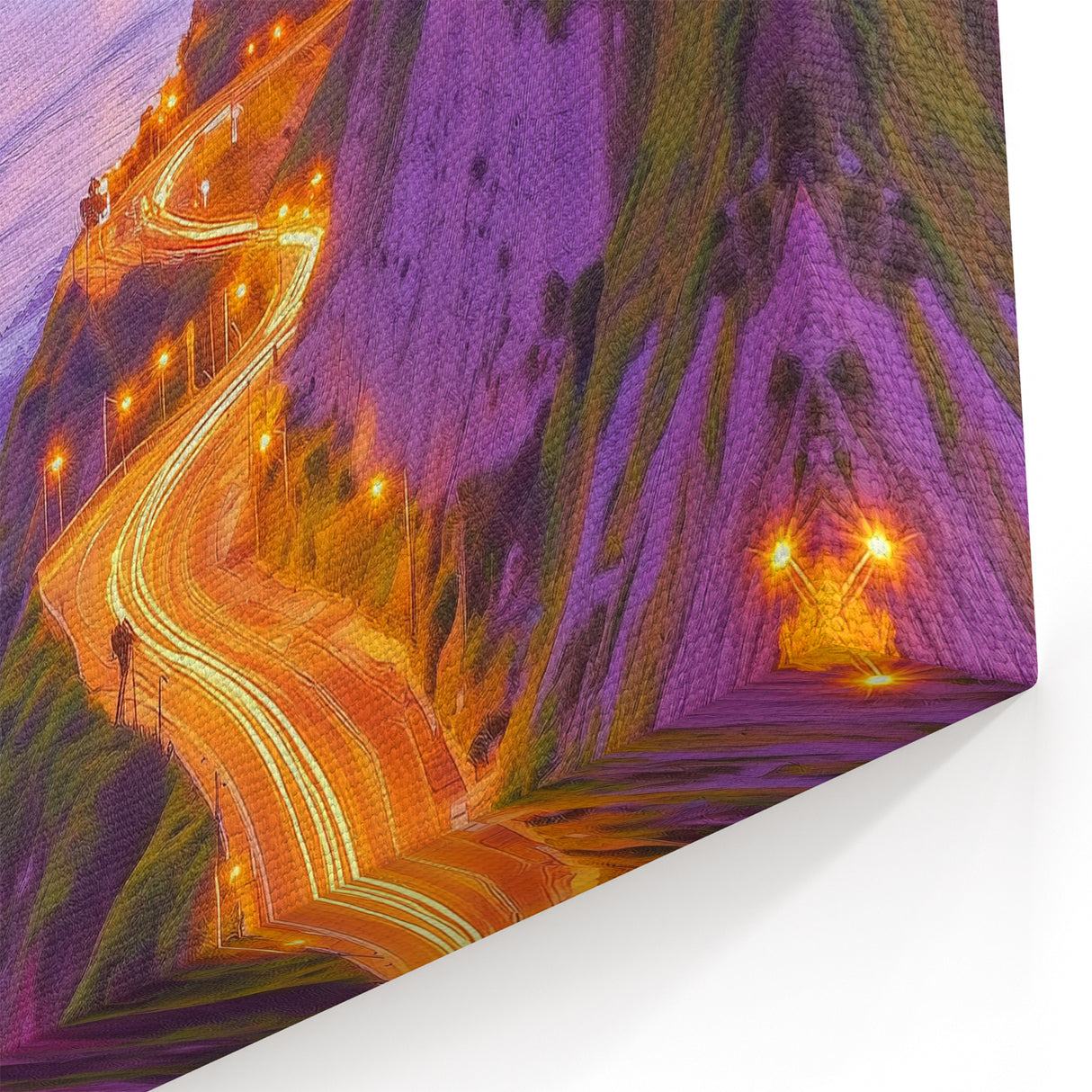 Scenic Cliffs Artwork - Sunset Coastal City and Illuminated Roads Art