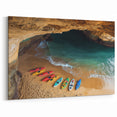 Cliffs Rolled Print - Vibrant Kayaks and Serene Coastal Cave Beach Art