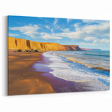 Cliffs Canvas Art - Golden Coastal Cliffs and Azure Beach Waves Print