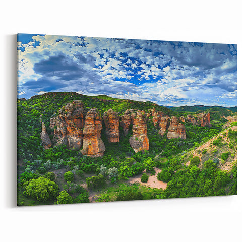 Landscape Art Cliffs – Lush Green Valley and Rocky Formations Wall Art