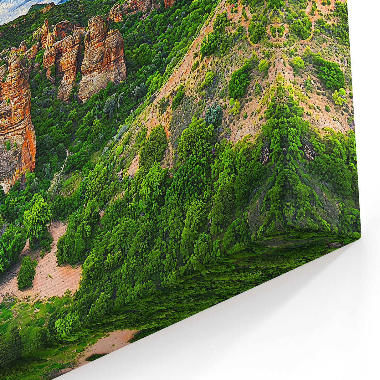 Landscape Art Cliffs – Lush Green Valley and Rocky Formations Wall Art