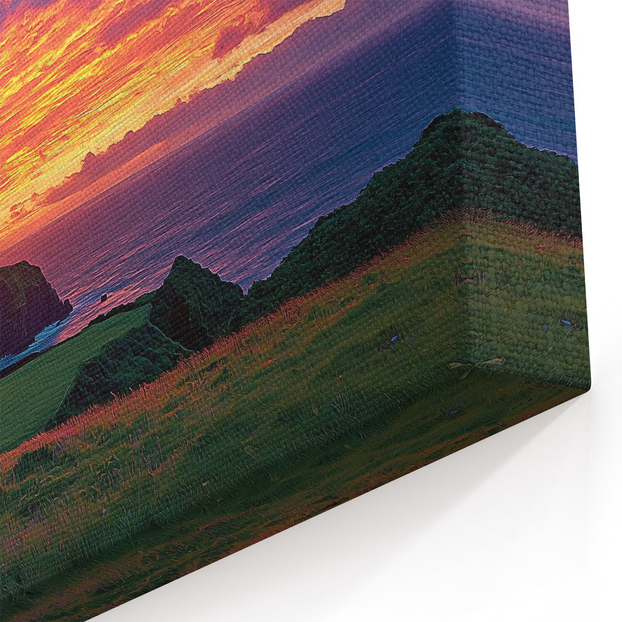 Cliffs Wall Art – Fiery Sunset Over Lush Coastal Cliffs and Ocean