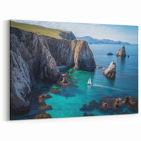 Scenic Cliffs Canvas Art with Sailboat – Coastal Ocean Landscape