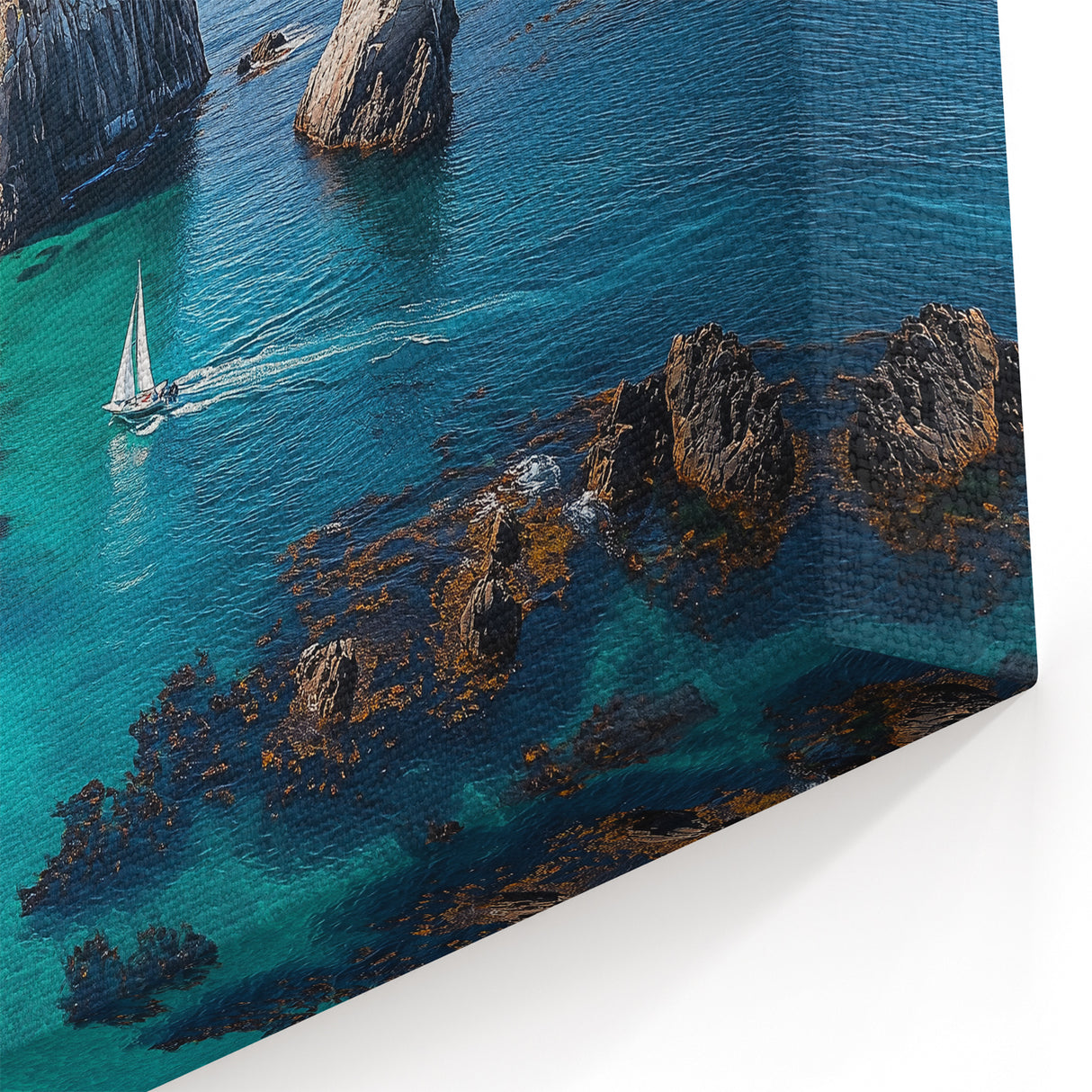 Scenic Cliffs Canvas Art with Sailboat – Coastal Ocean Landscape