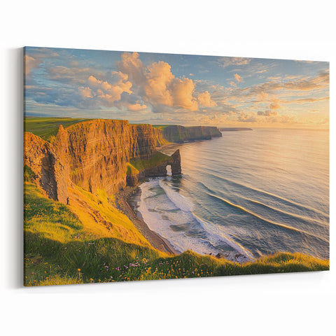 Golden Coastal Cliffs Canvas Art – Serene Ocean Landscape Painting