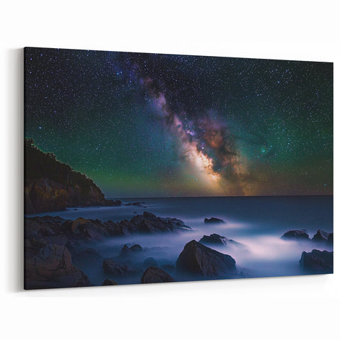 Milky Way Over Coastal Rocks Canvas Art – Celestial Night Landscape