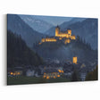 Mountain Castle Wall Art – Illuminated Fortress in Scenic Alpine Village