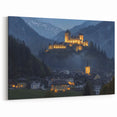 Mountain Castle Wall Art – Illuminated Fortress in Scenic Alpine Village