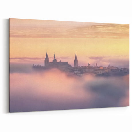 Castle Landscape - Dreamy Spires and Village in Morning Mist