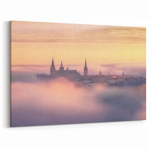 Castle Landscape - Dreamy Spires and Village in Morning Mist