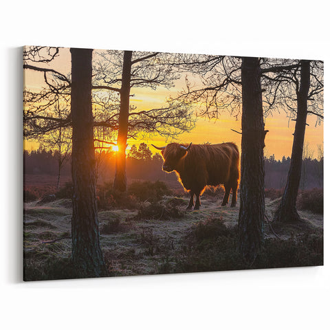 Rustic Countryside Wall Art - Highland Cow at Sunrise Landscape Canvas