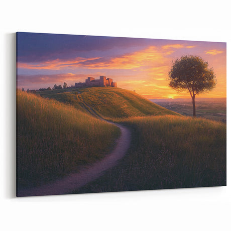 Sunset Countryside Wall Art - Rolling Hills and Tree Landscape Canvas