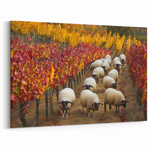 Sheep in Autumn Vineyard Countryside Wall Art - Rustic Landscape Canvas