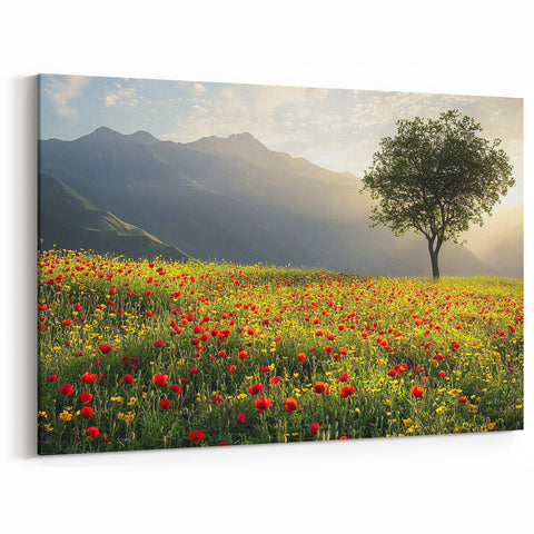 Blooming Meadow Countryside Wall Art - Scenic Tree and Mountain Canvas