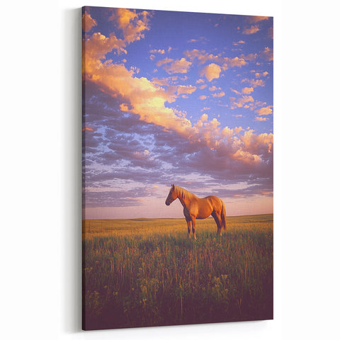 Golden Horse at Sunset Wall Art – Pastoral Countryside Landscape Print