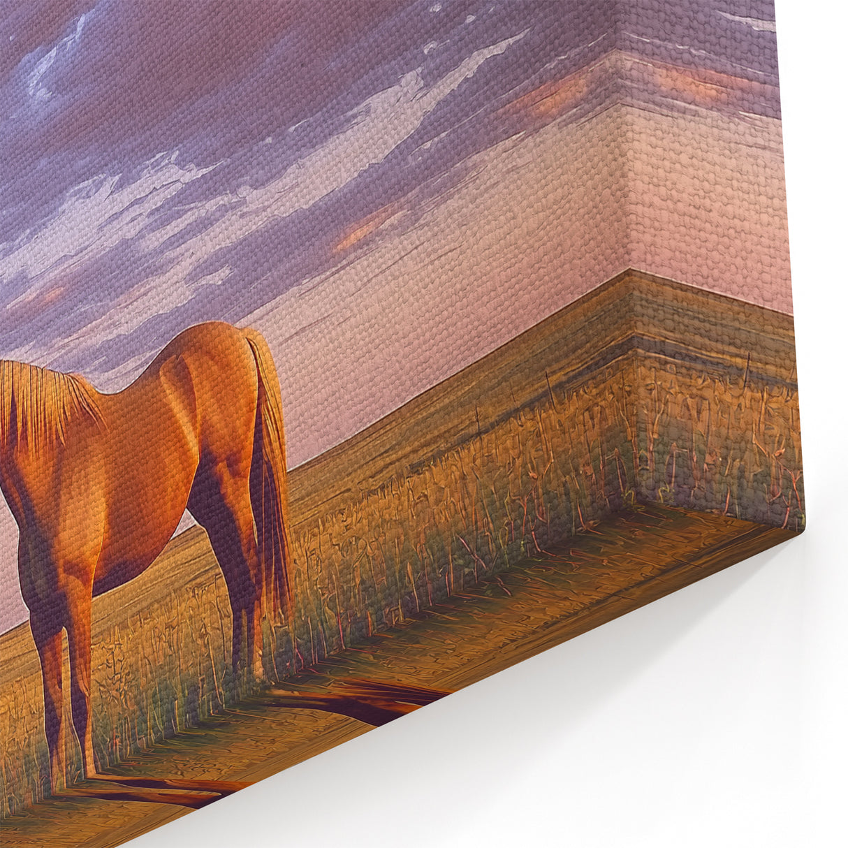 Golden Horse at Sunset Wall Art – Pastoral Countryside Landscape Print