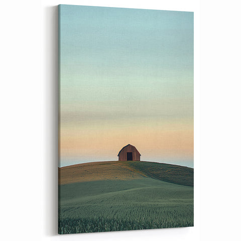 Rustic Barn on Hill Wall Art – Pastoral Countryside Canvas Landscape