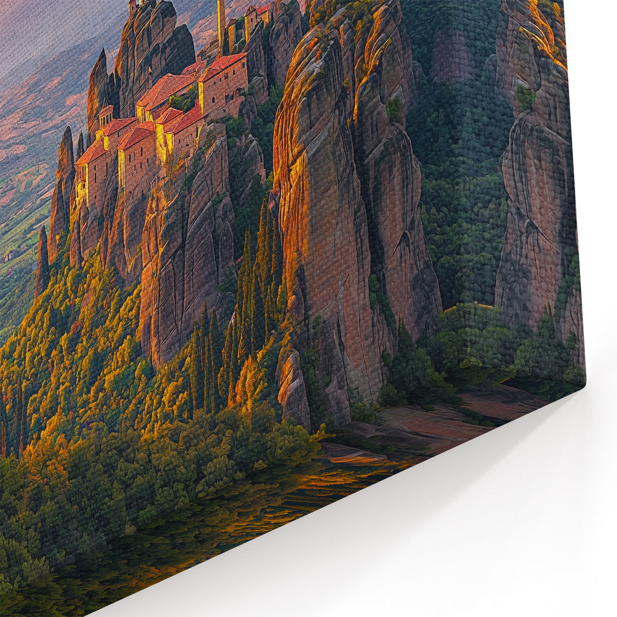 Mountain Village at Sunset Wall Art – Scenic Countryside Canvas Print