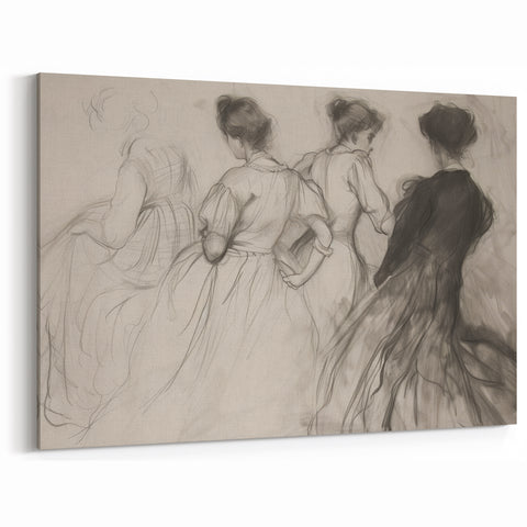 Vintage Figurative Sketch Art - Group of Women in Elegant Attire