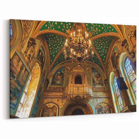 Castle Interior Prints - Ornate Ceiling with Golden Chandeliers