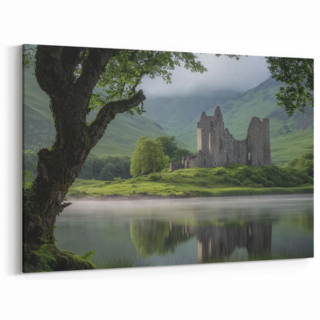 Castle by the Lake - Ruined Fortress in Serene Green Landscape