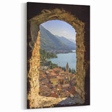 Charming Village View Through Historic Castle Window - Scenic Wall Decor
