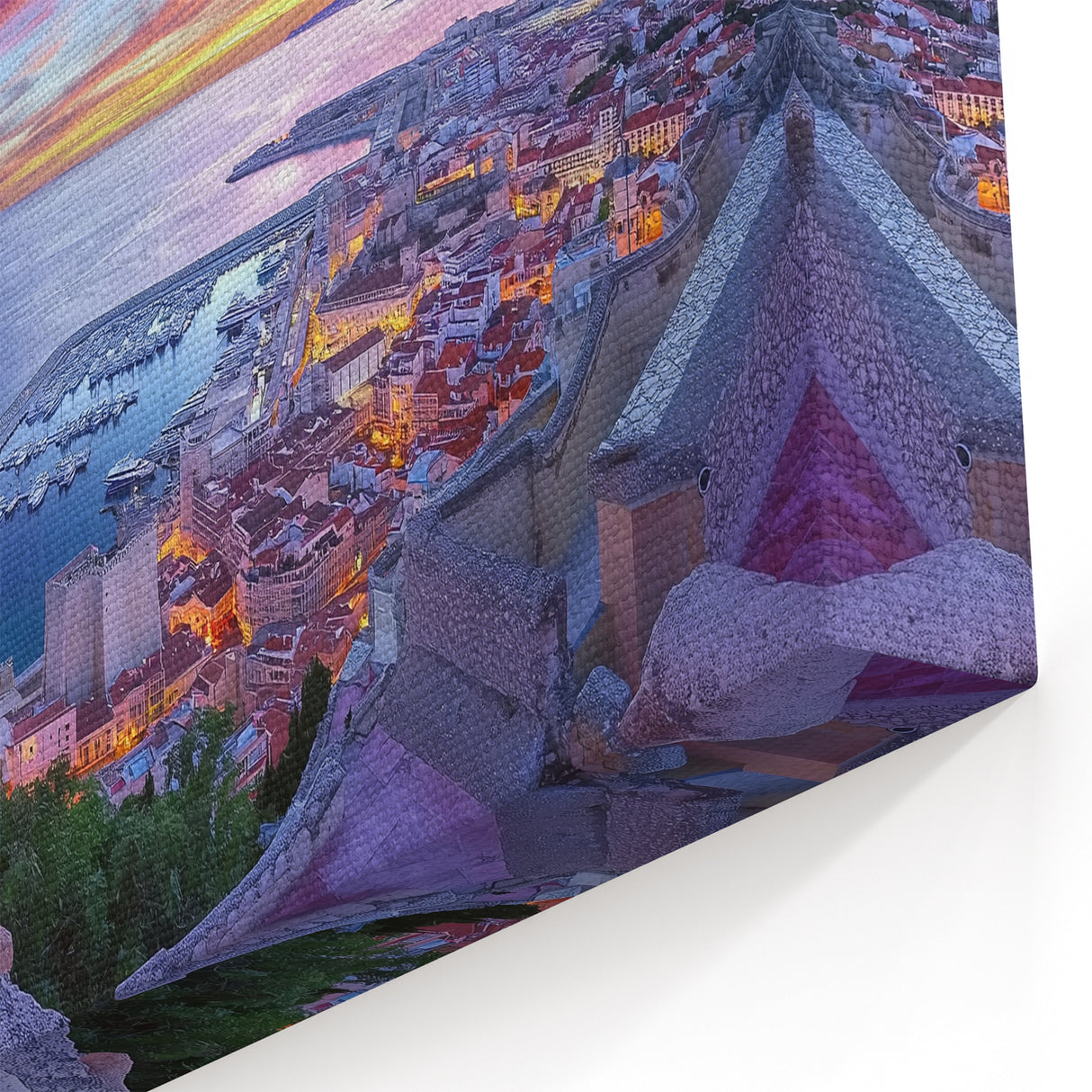 Sunset Over the Harbor - Vibrant Coastal Castle Wall Art