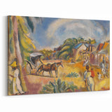 Modern Wall Art: Vibrant Landscape with Figures and Horse Carriage