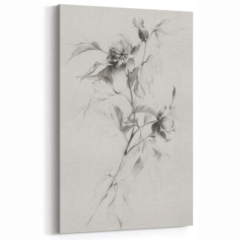 Delicate Floral Sketch - Black and White Botanical Line Art on Canvas