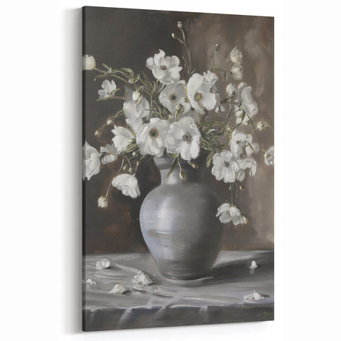 Modern Floral Abstract - Elegant White Flowers on Canvas
