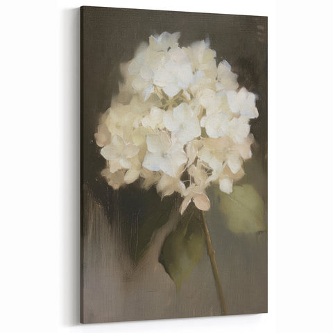Abstract Floral Canvas - White Hydrangeas on Deep Olive Background