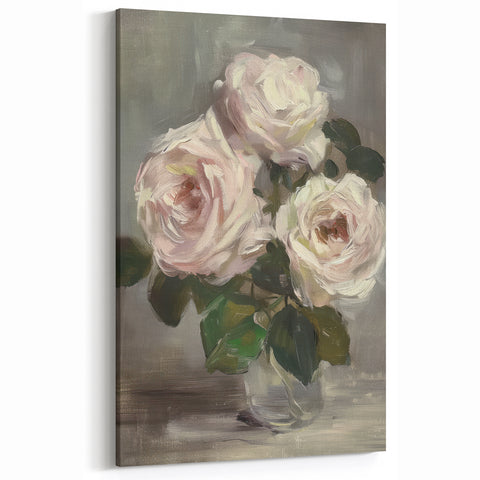Abstract Floral Canvas - Romantic Pink Roses on Soft Gray Background