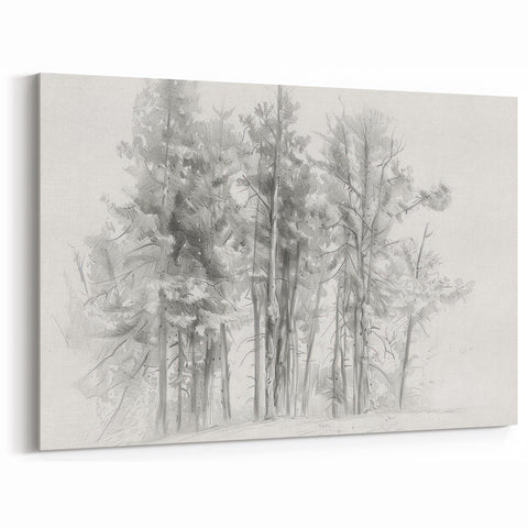 Abstract Landscape Drawing - Serene Pine Forest in Monochrome