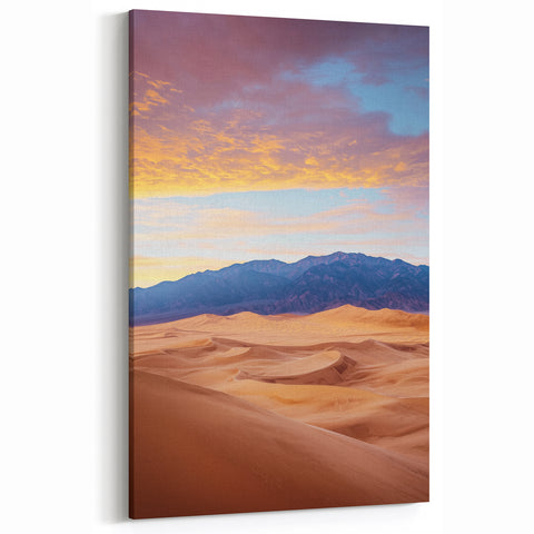 Desert Landscape Art - Golden Sand Dunes at Sunset with Mountain View