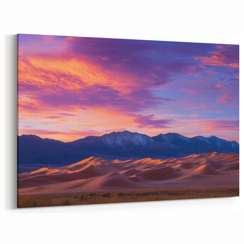 Desert Landscape Art - Vibrant Dunes with Sunset Mountain Backdrop