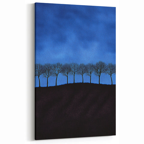 Rolling Fields Canvas Art - Silhouette Trees on Midnight Horizon