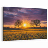 Rolling Fields Canvas Art - Sunset Over Yellow Flower Fields Print