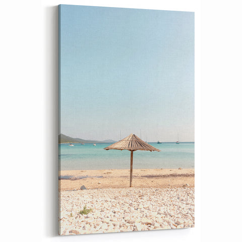 Tranquil Beach Canvas - Coastal Umbrella and Sea Wall Art