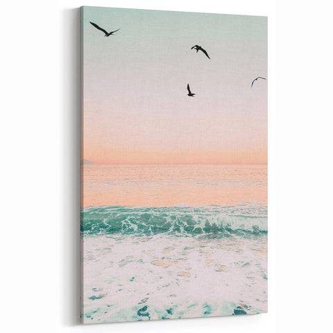 Sunset Canvas Art - Ocean Waves and Birds Wall Art