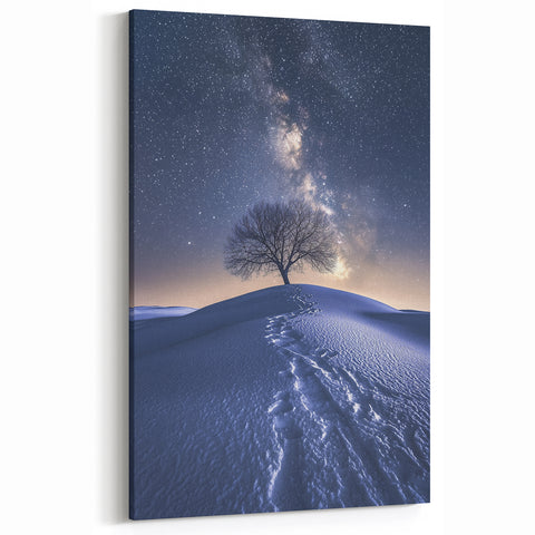 Starry Winter Night - Lone Tree and Snow Landscape Wall Art