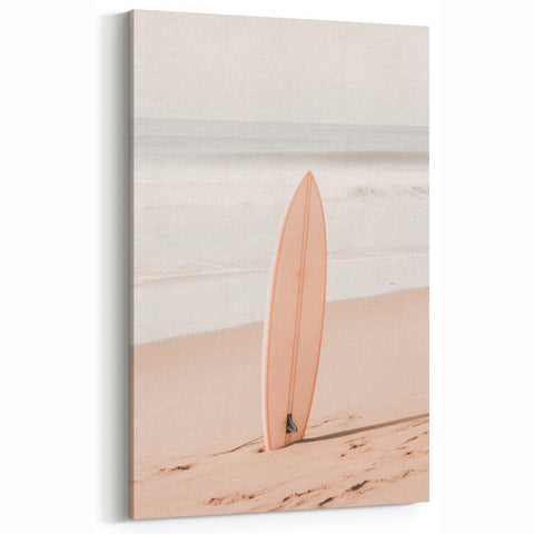 Beach Decor Prints – Surfboard on Sandy Shore with Ocean Waves