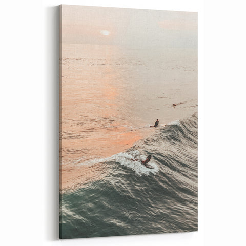 Sunset Canvas Art – Surfers Riding Waves at Golden Hour