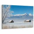 Serene Fields Art Print - Snowy Cabins With Mountain Panorama