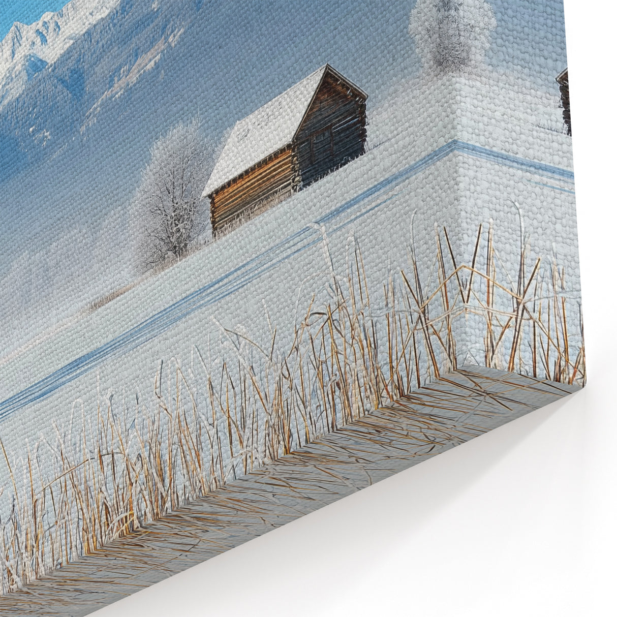 Serene Fields Art Print - Snowy Cabins With Mountain Panorama