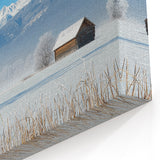 Serene Fields Art Print - Snowy Cabins With Mountain Panorama