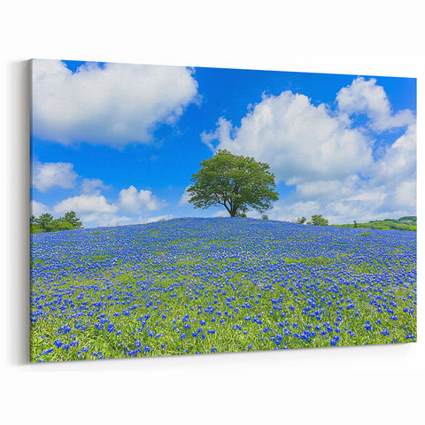 Field Landscape Wall Art - Blue Wildflower Hill With Lone Tree