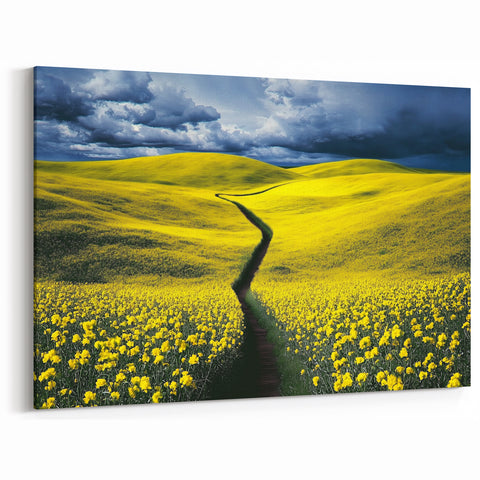 Scenic Fields Framed Art - Yellow Blooming Hills Landscape