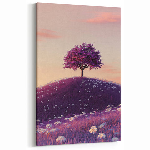Serene Fields Art Print - Lone Purple Tree on Lavender Hill