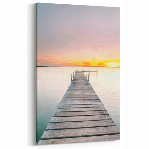 Sunset Canvas Art - Wooden Pier with Golden Horizon Landscape