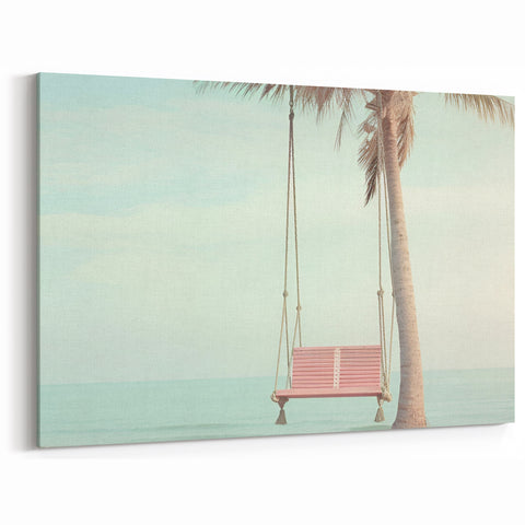 Beach Decor Prints - Pink Swing and Palm Tree Over Calm Ocean